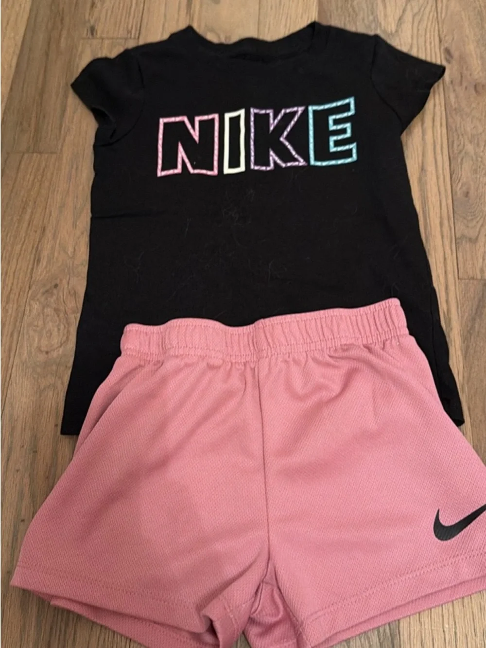 Nike Black Tee with Pastel Outlined Logo & Pink Athletic Shorts - Picture 1 of 1
